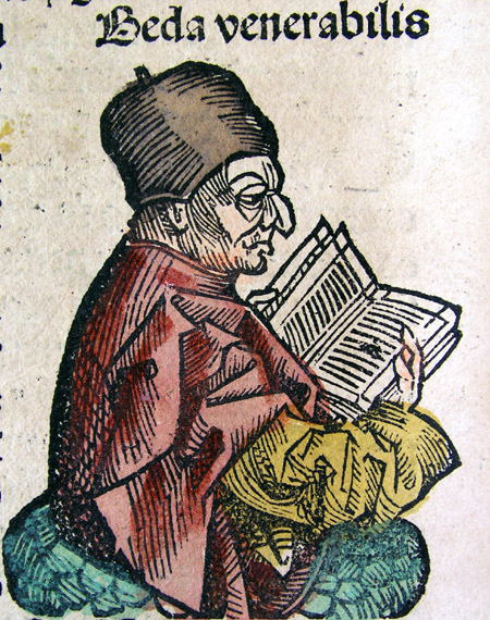 The Venerable Bede, from the *Nuremberg Chronicle*, 1493. The fact that the English Bede is depicted in a German chronicle shows how widespread his works and influence was, even more than 750 years after his death.