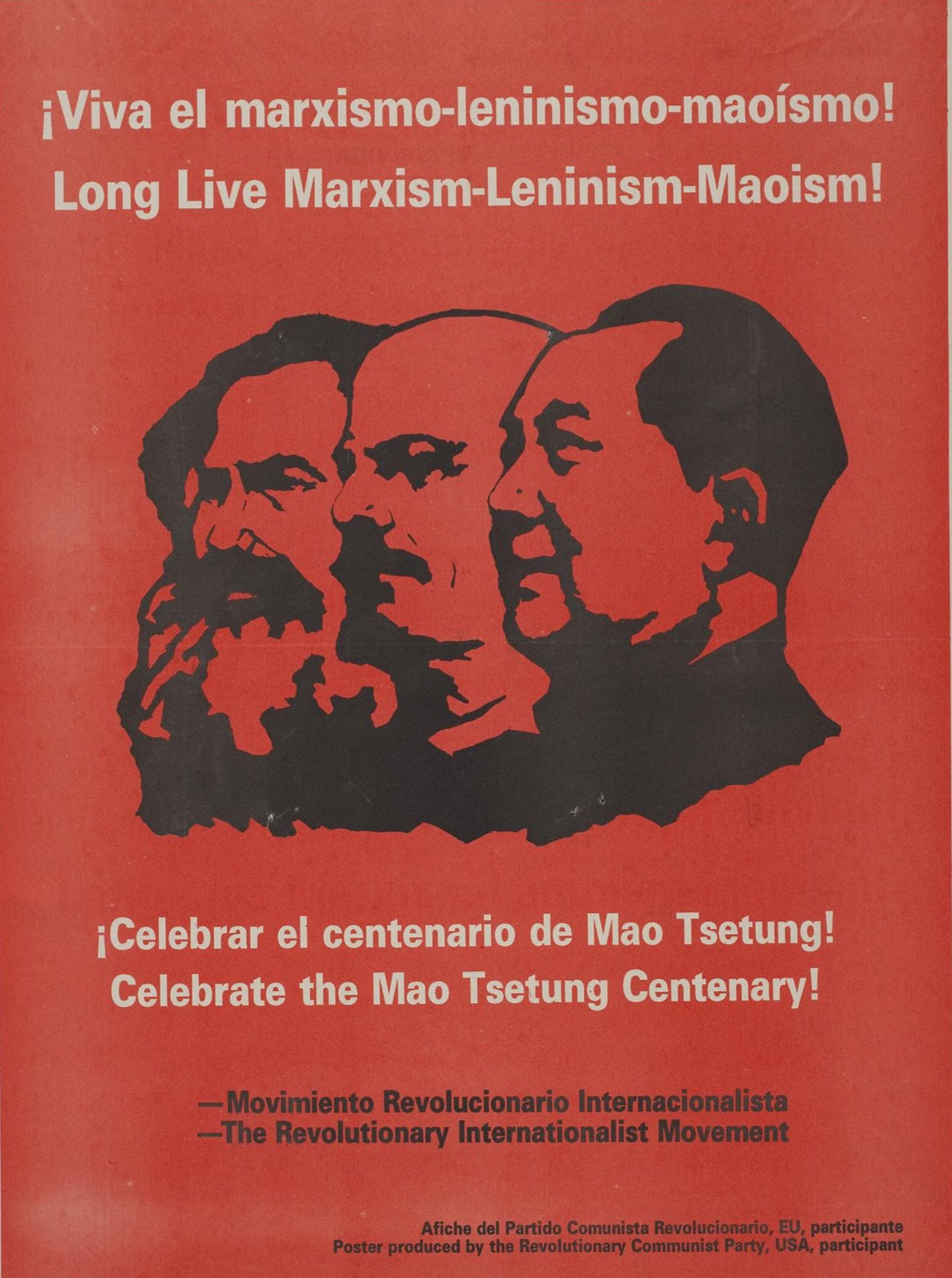 A peace of Marxist propeganda, at the center is a stylized image Marx, Lenin, and Mao, three extremely important Marxists. The two captions are words of honor and celebration for the three marxist.